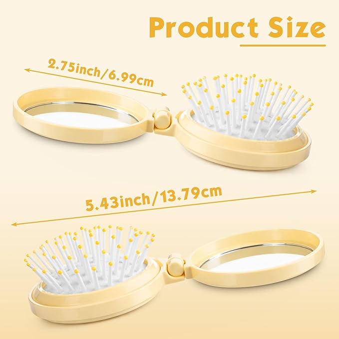Boao 2 Pack Foldable Travel Mirror Hair Brushes Round Portable Folding Pocket Hair Brush Mini Comb Compact Travel Size Massage Comb for Men Women(Yellow,Round)