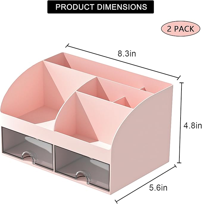 Desk Organizer with 6 Compartments and 2 Drawers, Plastic Makeup Organizer, Pen Holder for Desktop Storage, Desk Organization for School, Home, Office Supplies Pink-2Pack