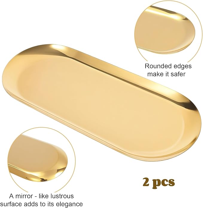 2 Pack Gold Decorative Tray,Oval Stainless Steel Trays, Decorative Tray for Jewelry Dish Cosmetics Organizer Bathroom Clutter Serving Platter (Gold, 7 in)
