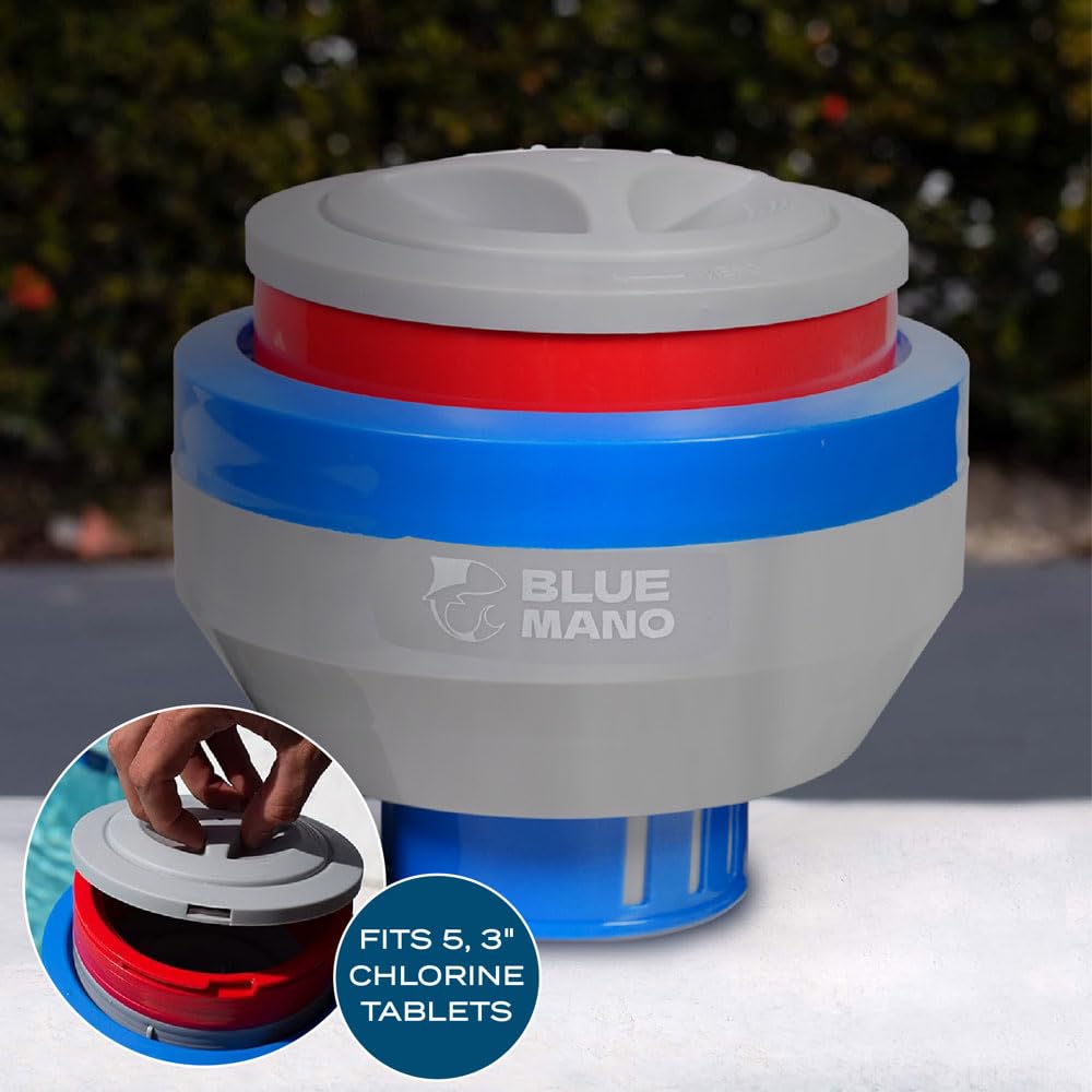 Blue Mano Chlorine Floater (V2.0 Upgraded) for 3 inch Tabs with Refill Warning, Durable Design, 7 inch Large Dispenser for Inground and Above Ground Swimming Pool