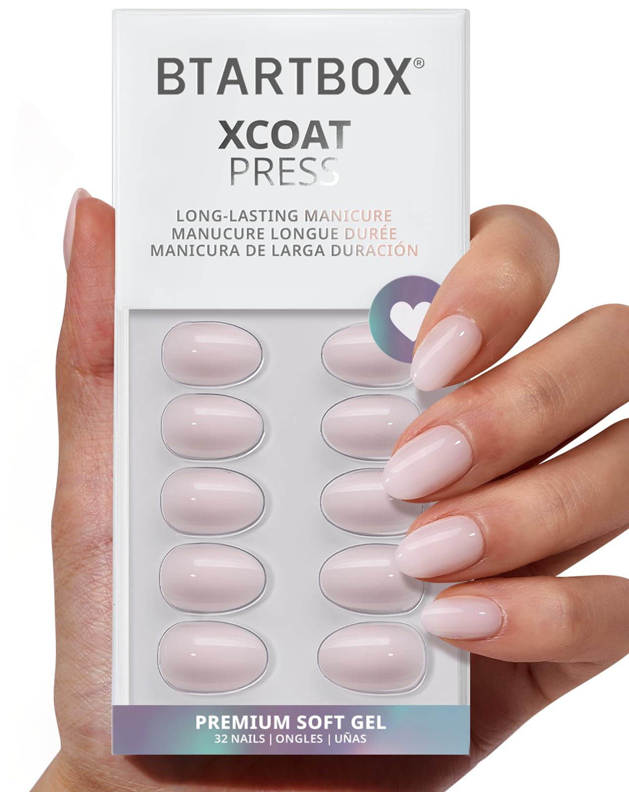 BTArtbox Press On Nails Almond - Power Calm, Lamp-Curable 4-Week Wear Nude Pink Extra Short Press On Nails with Glue and Adhesive Tabs, Easy-to-Apply in 16 Sizes - 32 Nails All-in-One Kit
