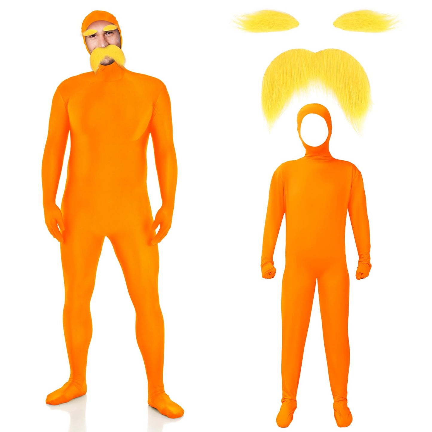HIYZI Orange Costume Yellow Mustache and Eyebrows Halloween Costume Orange Jumpsuit for Halloween Christmas Festival Party Cosplay Men Women (S)