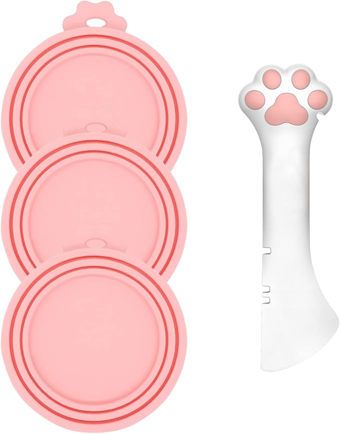 3 Pcs Pet Food Can Lids & One Can Spoon | Cute Paw Shape Opener Spatula Cat Wet Food Spoon | Universal BPA Free Silicone Covers for Dog Cat Cans(Pink)