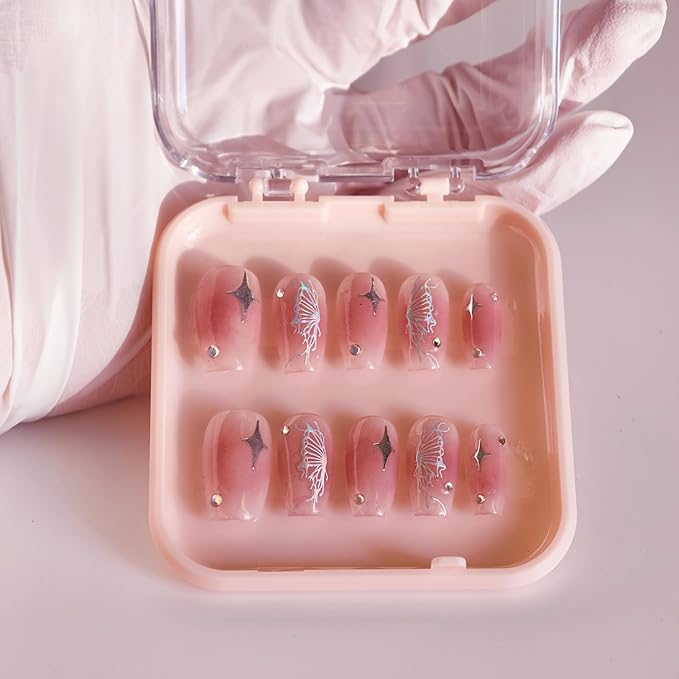 14 Pcs Press On Nail Packaging Box Press on Nail Storage Box for Press Ons with 60 Pcs Adhesive Double Sided Tape for Fake Nail Storage Case Nail Display Nail Salon Supplies Nail Art Business (Pink)