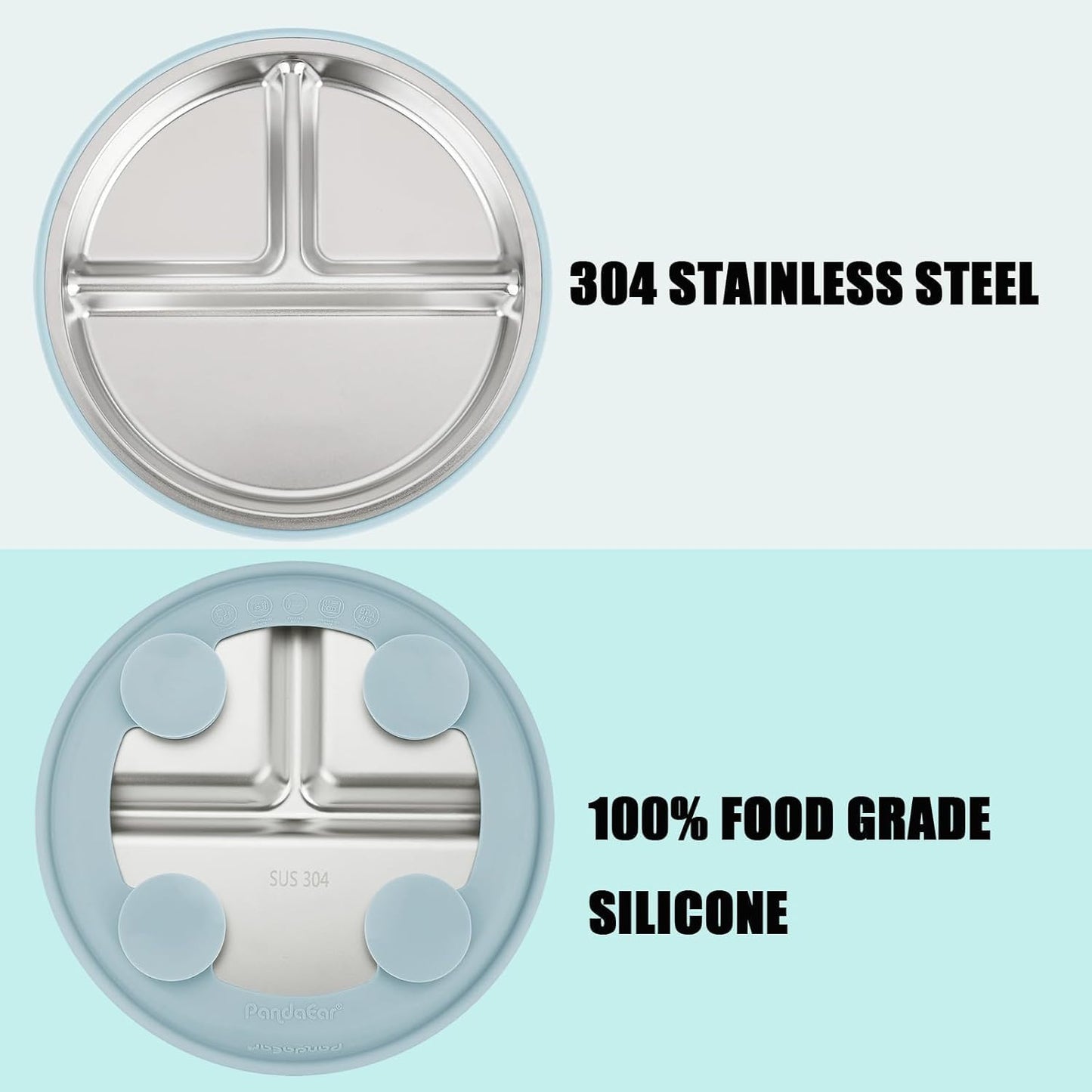 PandaEar 3 Pack Stainless Steel Baby Suction Plates, Divided Toddler Plate for Baby Led Weaning Supplies, Non-Slip Toddler Baby Feeding Set Dishwasher Safe (Blue/Green/Brown, With Lids)