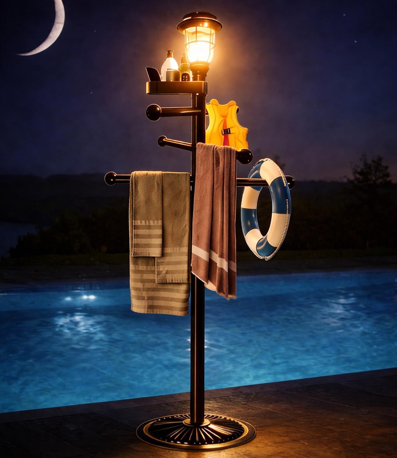 i365AMZ Pool Outdoor Towel Rack with Solar Light, 6 Bars with Top Tray Metal Heavy Duty Pool Accessories with Heavy Metal Base, Hot Tub Accessories for Pool and spa
