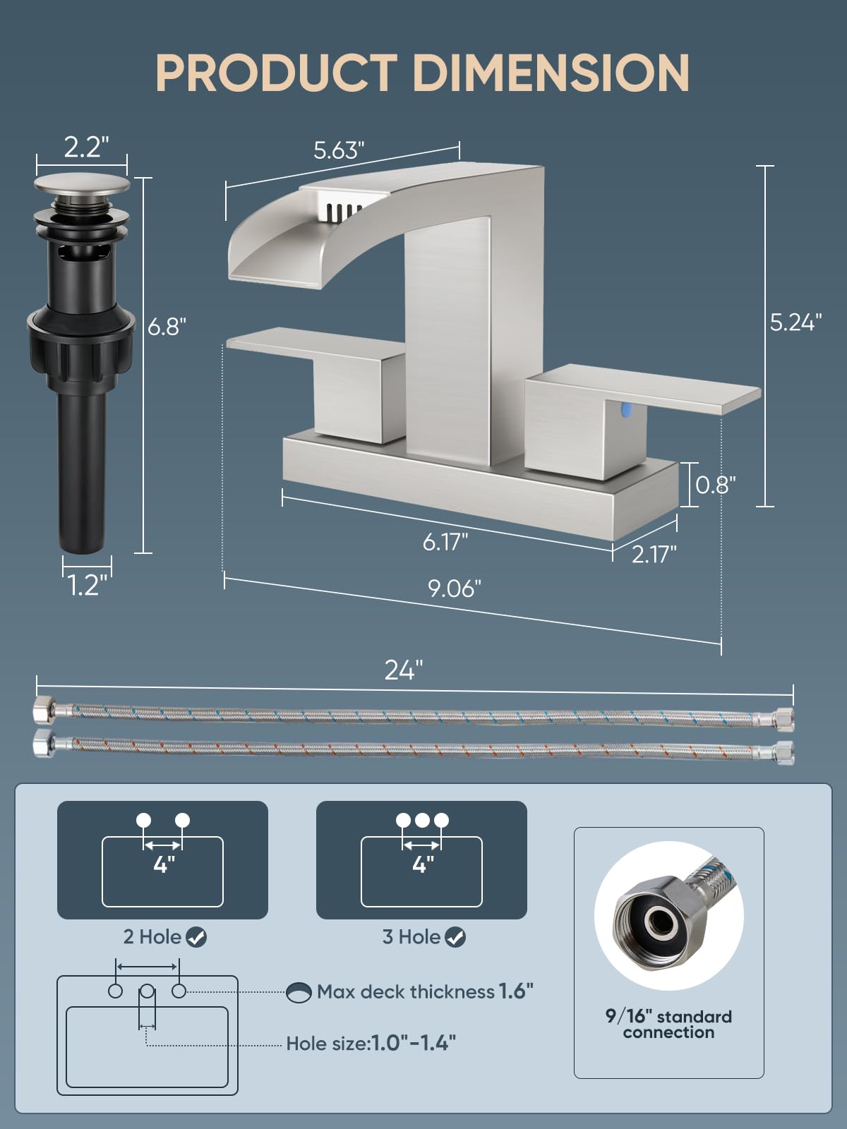 Cobbe Waterfall Bathroom Faucets 3 Hole, Brushed Nickel Bathroom Sink Faucet Square 4 Inch Centerset with Pop-Up Drain, 2 Handle and 2 Supply Hoses, Lead-Free Stainless Steel for Vanity Sink Rv