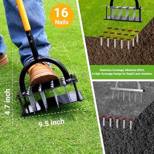 Manual Lawn Aerator - Metal Spike Soil Loosener with Spring-Loaded Base, Self-Cleaning Design for Healthier Grass, Yard & Garden Aeration Tool