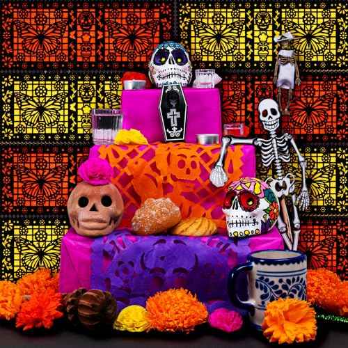 Epakh 12 Pcs Felt Picado Panels, Mexican Dia De Los Muertos Ofrenda Wall Decoration, Monarch Butterfly Sugar Skull Mexican Dia De Los Muertos Altar Backdrop Decorations for Diwali Altar Grave