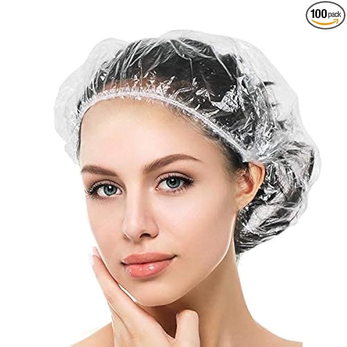 Auban 100PCS Disposable Shower Caps, Hair Cap Large Plastic Clear Thick Waterproof Bath Caps For Women, Hotel Travel Essentials Accessories Deep Conditioning Hair Care Cleaning Supplies(17.3")