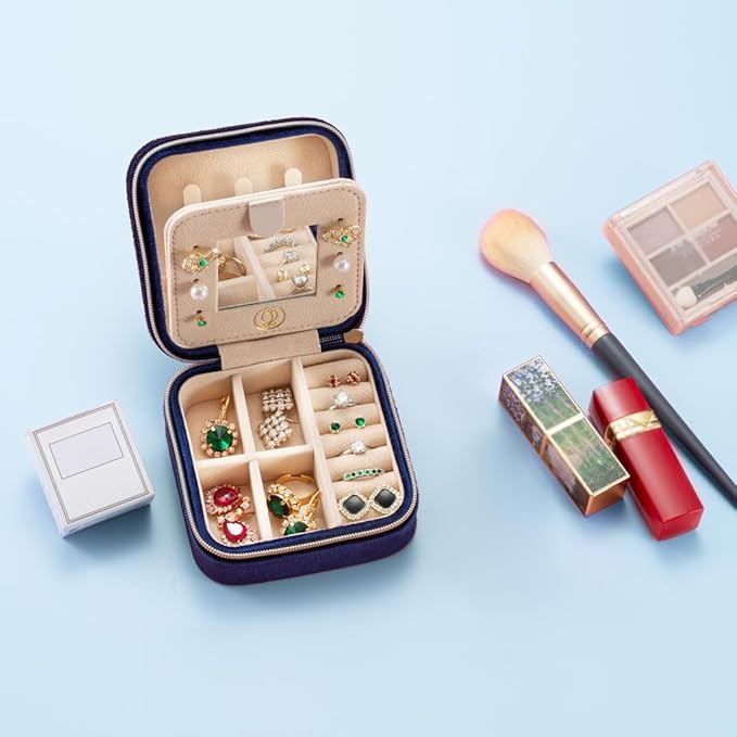 Plush Velvet Travel Jewelry Case, Mini Jewelry Box, Small Jewelry Organizer Portable Display Storage Case, for Girls Women (Periwinkle Blue-With Mirror)