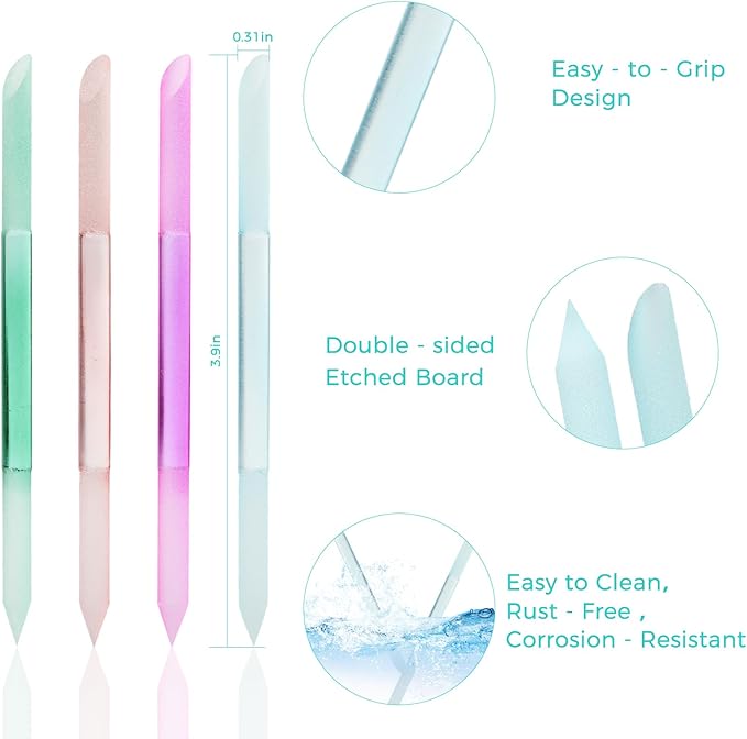 JERCLITY 4 Pieces Double-Ended Glass Nail Files Glass Cuticle Pusher Cuticle Stick Set Nano-Frosted Nail Polished Crystal Glass Rod Manicure Pedicure Pusher Tools(Peach Pink/Purple/Cyan/Green)