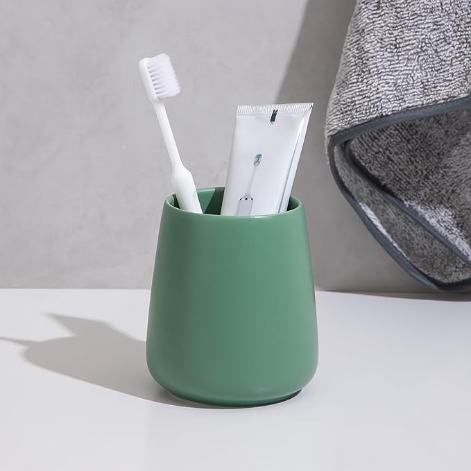 Green Toothbrush Holder for Bathroom - Ceramic Tooth Brushing Holders, Toothbrush Cup, Toothpaste Organizer for Bathroom Countertop, Makeup Brush Holder, Pen Holder for Home Desktop Storage