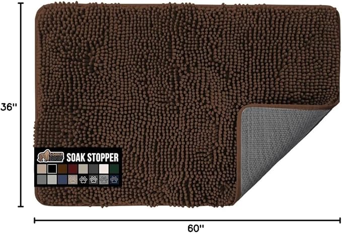 GORILLA GRIP SoakSTOPPER Dog Door Mat, 60x36 Machine Washable Rug Absorbent Doormat Captures Moisture Mud Dirt, Quick Dry Soft Chenille Entryway Rugs Indoor Entrance Mats for Dog Paws, Brown