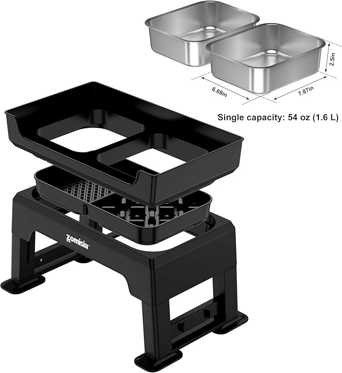 3-in-1 Elevated Dog Bowls Dual Layer - Mess Proof 6 Heights Adjustable Raised Dog Bowl Stand 6" to 16", Feeding Satioin with 1.6L Stainless Steel Bowls, Slow Feeder Plate, Medium to Large Pets