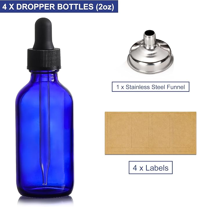 AOZITA 4 Pack, 2 oz Dropper Bottles with 1 Funnel & 4 Labels - 60ml Thick Dark Blue Glass Tincture Bottles with Eye Droppers - Leakproof Essential Oils Bottle for Health, Personal Care & Beauty
