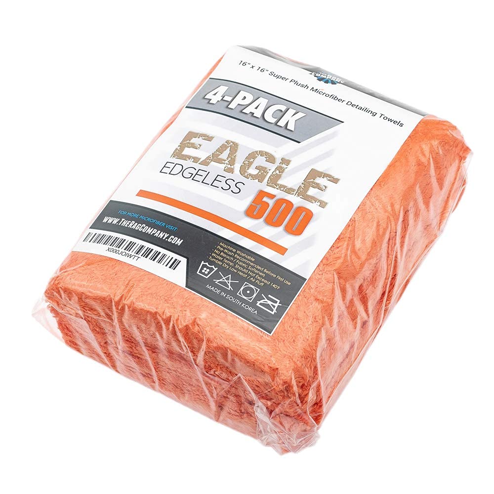 The Rag Company - Eagle Edgeless 500 (4-Pack) Professional Korean 70/30 Blend Super Plush Microfiber Detailing Towels, 500GSM, 16in x 16in, Orange