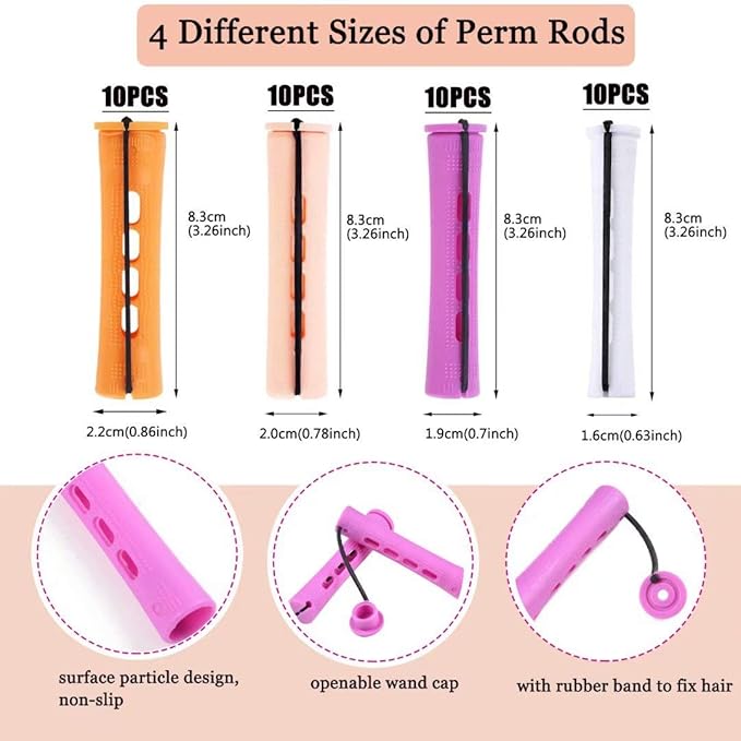 40pcs Perm Rods Set for Natural Hair 4 Sizes Cold Wave Rods Hair Rollers for Women Curling Rods for Long Medium Small Hair Curler Styling DIY Hairdressing ToolsÃ¯Â¼ÂOrange+Beige+Purple+whiteÃ¯Â¼Â