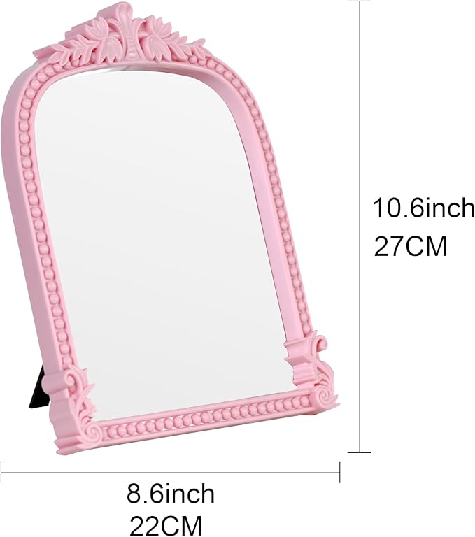 Pink Plastic Arched Makeup Mirror, Standing, Hanging or Wall Mount, Bathroom, Living Room, Bedroom White and Decorative Mirror (Pink-10.6 x 8.6 inch)