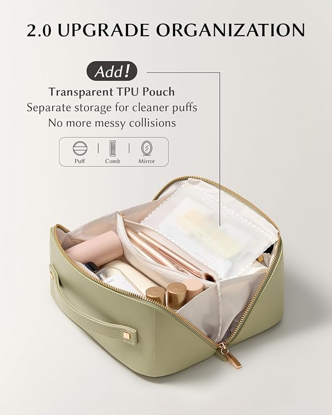 EACHY Travel Makeup Bag, Large Capacity Cosmetic Bag for Women, Waterproof PU Leather, Flat Open Portable Toiletry Bag for Skincare, Brushes & Travel Essentials