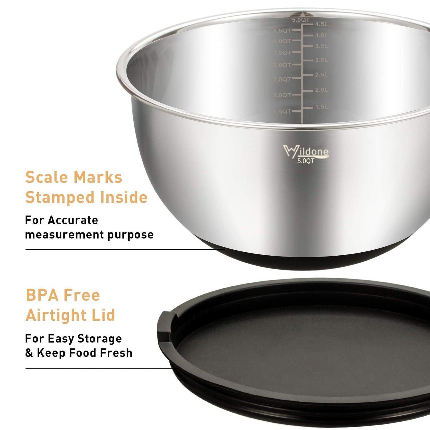 Wildone Mixing Bowls with Airtight Lids Set, 5PCS Stainless Steel Nesting Bowls for Kitchen, with Grater Attachments & Non-Slip Bottoms, Size 5, 3, 2, 1.5, 0.63 QT, Great for Mixing & Serving