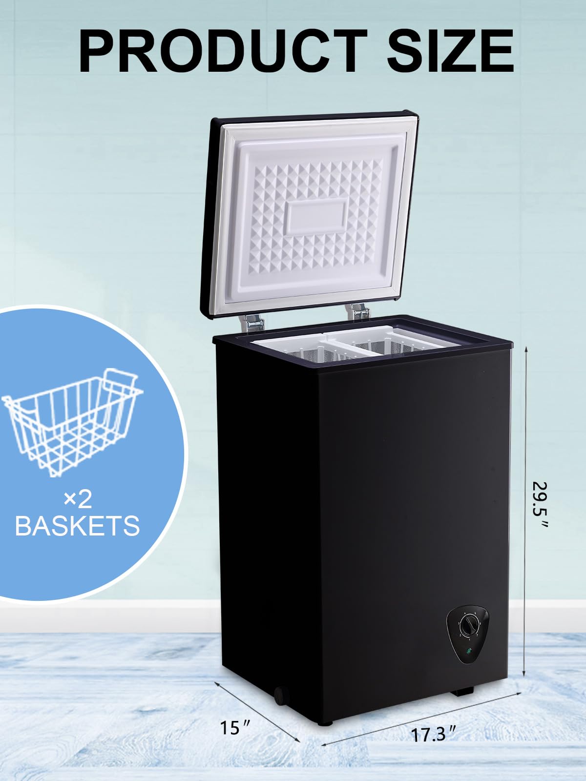 Chest Freezer Small Deep Freezer Black 2.2 Cu.Ft Free-Standing 7 Temperature Control and Removable Basket Open Deep Freezer Energy Saving Apartment Kitchen