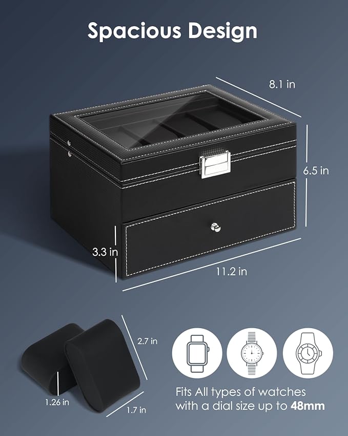 Watch Case for Men, 20-Slot 2-Layer Watch Box with Large Glass Lid, Watch Storage Organizer with Removable Watch Pillows, Men's Jewelry Box with Lock, Watch Holder Display Case, Gift for Men Women