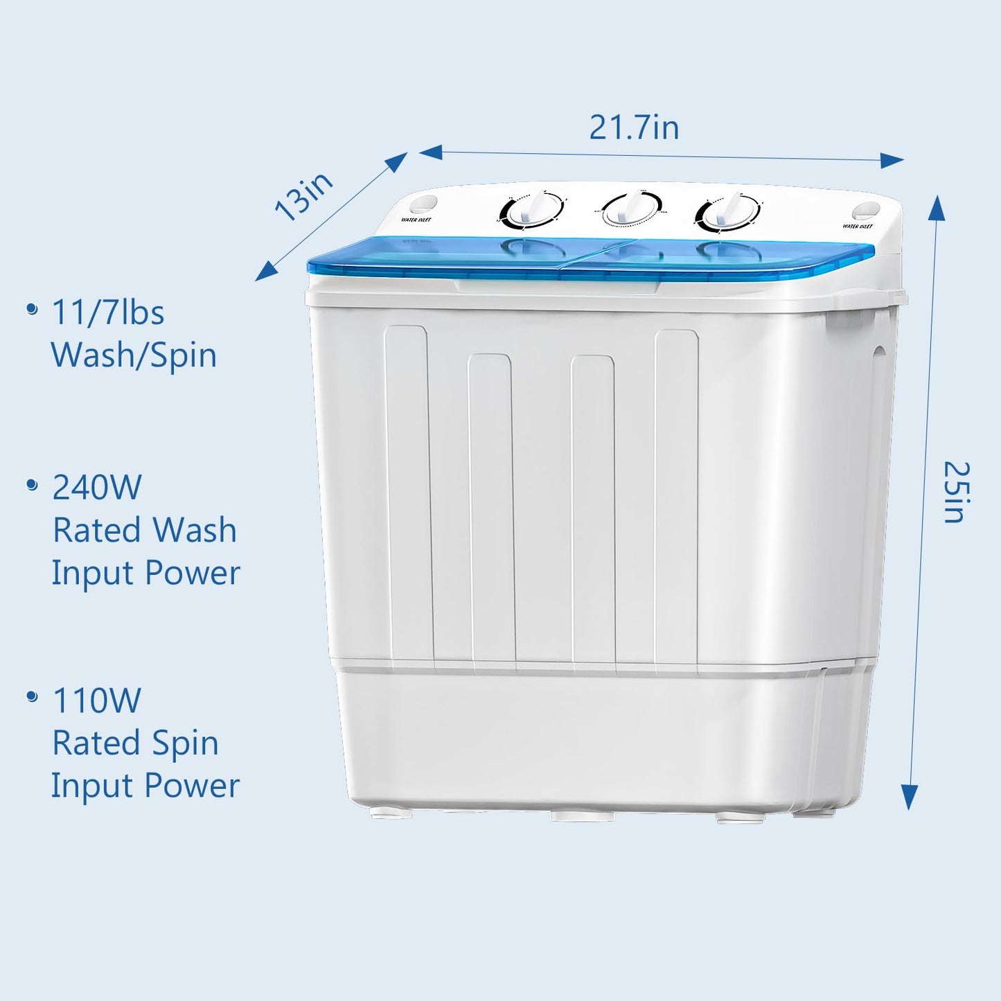 DOGHLY Portable Washing Machine, 18lbs Compact Laundry Washer, Free Drying Rack & 10 Hangers, 11lbs Wash & 7lbs Spin Dry, Twin Tub Mini Washing Machine for Dorm, RV, Camping, Apartment