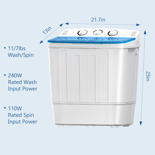 DOGHLY Portable Washing Machine, 18lbs Compact Laundry Washer, Free Drying Rack & 10 Hangers, 11lbs Wash & 7lbs Spin Dry, Twin Tub Mini Washing Machine for Dorm, RV, Camping, Apartment