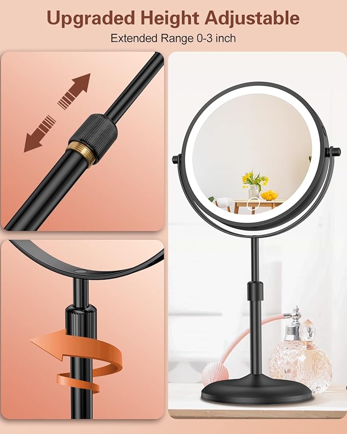 Benbilry Lighted Makeup Mirror with 10X Magnification & 3 Color Lights, Adjustable Brightness & Height, 7 Inch 360° Swivel Rechargeable LED Magnifying Make Up Vanity Mirror with Lighting (Black)