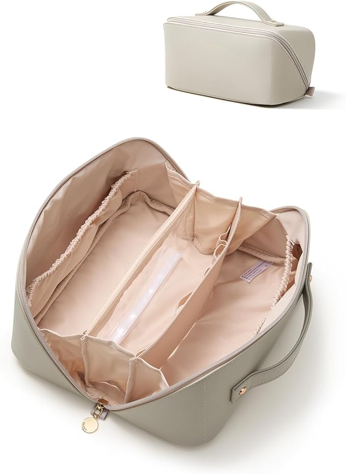 EACHY Travel Makeup Bag, Large Capacity Cosmetic Bag for Women, Waterproof PU Leather, Flat Open Portable Toiletry Bag for Skincare, Brushes & Travel Essentials