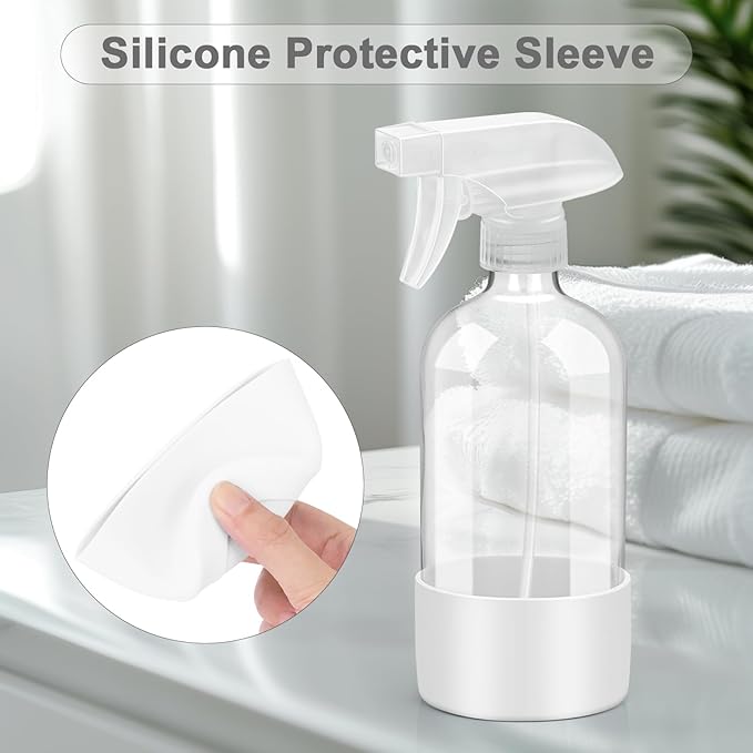 Worldgsb 2 Pack Glass Spray Bottles with Silicone Sleeve, 16 oz Empty Refillable Containers with Adjustable Spray Nozzles, Spray Bottles for Hair, Cleaning Solutions and Plants White