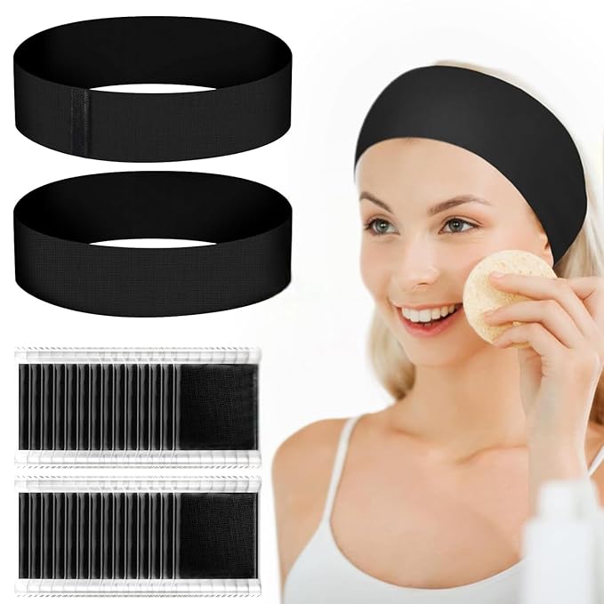 E I F E R 30 Count Disposable Spa Headband for Women, Skincare Facials Headbands for Esthetician Supplies Stretch Headbands for Women's Hair (Black, Black)