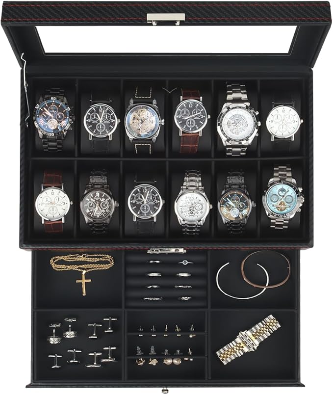 Watch Box Jewelry Organizer, 12-Slot 2-Layer Watch Case Storage with Large Glass Lid, Watch Storage Case for Men with Lock, Watch Holder Display Case, Gift for Men Women