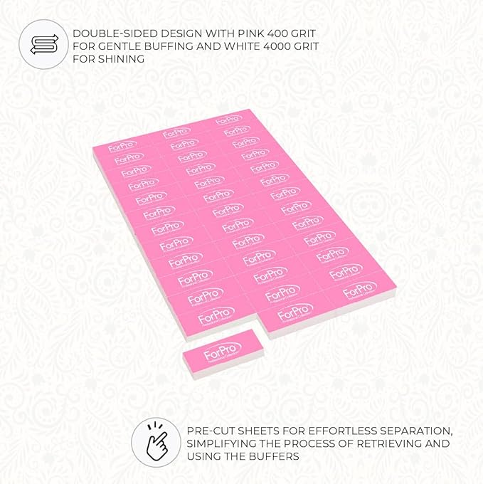 ForPro Professional Collection Sparkle Mini Buffer Sheet, Pre-Cut, Double-Sided Manicure & Pedicure Nail Buffers, Pink 400/White 4000 Grit, 39-Count