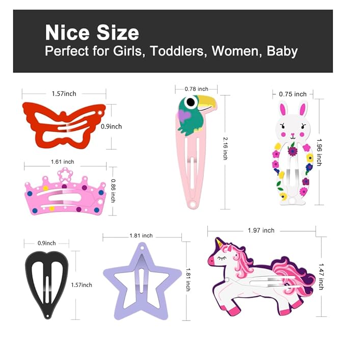 KUBOM 100 Pcs Candy Color Hair Clips,Colorful Hair Barrette Metal Cute Snap Hair Clips for Girls, Toddlers, Kids (Animals Fruits Crowns Stars)