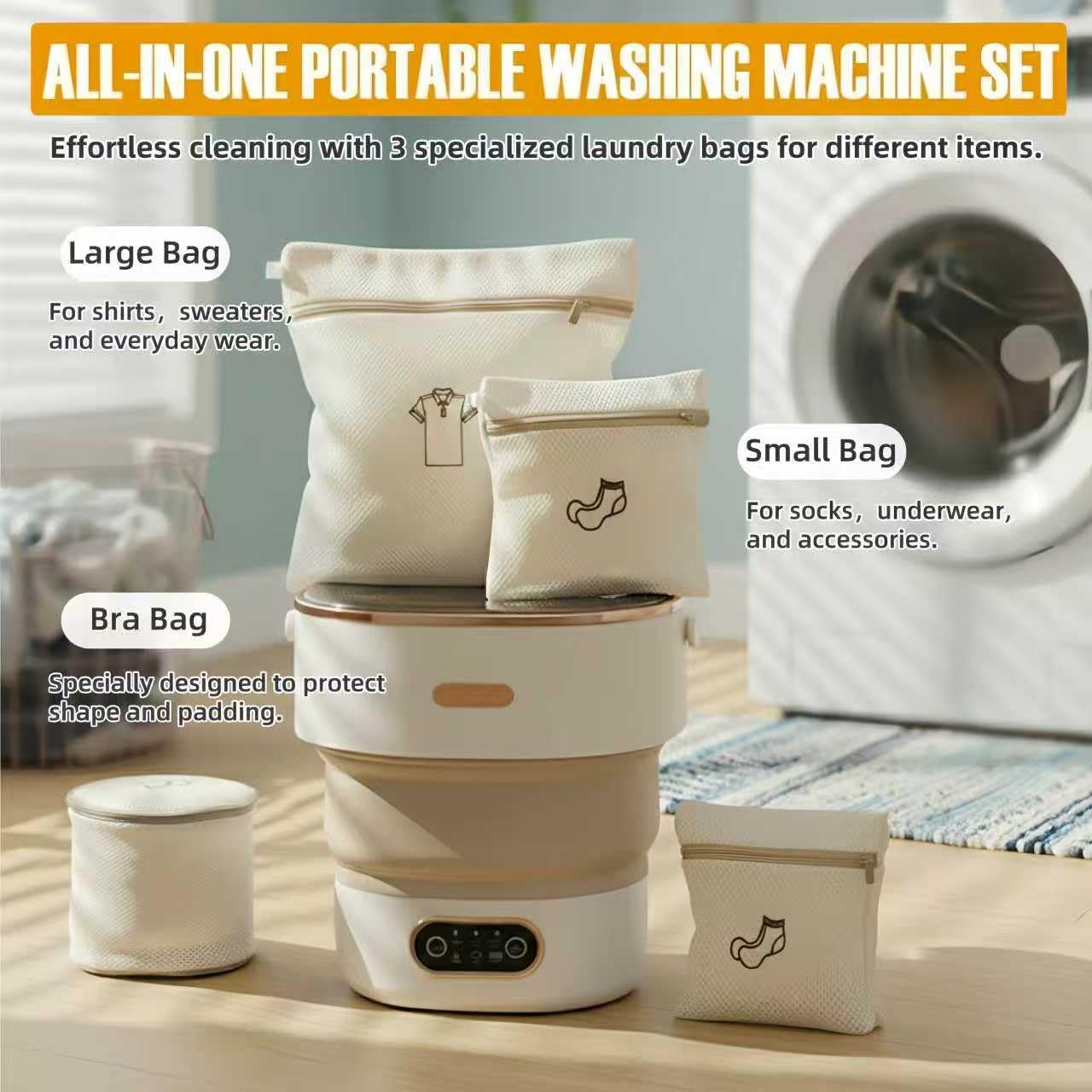 Portable Foldable Washing Machine, 13L Mini Washer with Spin Basket | For Socks, Underwear & Baby Clothes | Compact for Apartment, Dorm, Travel | Khaki