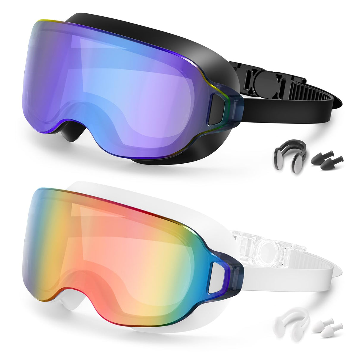 Aegend 2 Pack Swim Goggles For Youth Ages 8-16&Adult(Small Faces), Large Frameless Wide View No-Leak Silicone Seal Anti-Fog/UV, with Earplugs Nose Clips Mesh Bags for Teens Boys Girls Swimming