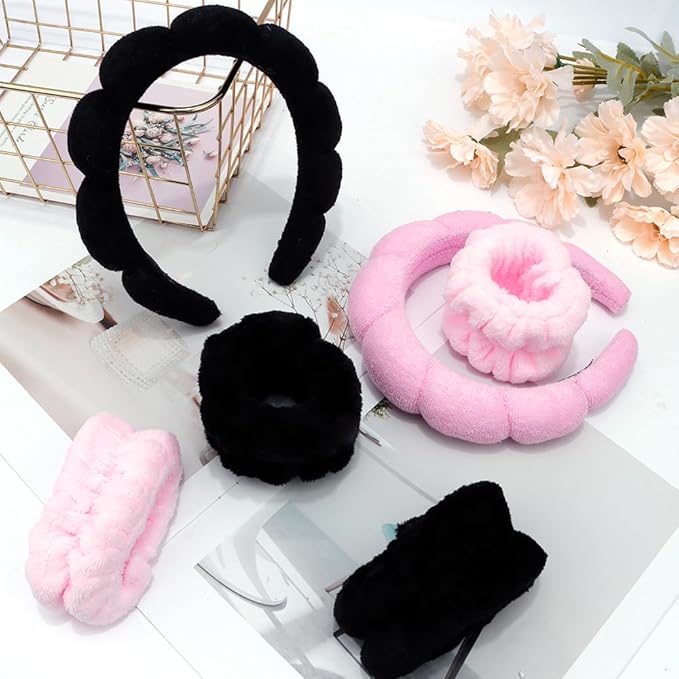 SPA Headbands for Washing Face Makeup Headbands with Bow Hair Band Women Facial Head Band Wrist Towel Wraps For Shower Face Mask Black Pink, 6 Pack