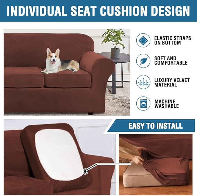 H.VERSAILTEX Rich Velvet Stretch 2 Piece Cover Chair Slipcover Sofa Cover Furniture Protector Couch Soft with Elastic Bottom Chair Couch Cover Width Up to 49 Inch (Chair, Burnt Brick)