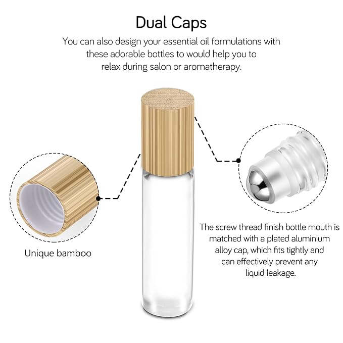 Essential Oil Roller Bottles 10ml ( Clear Glass Bottle with Bamboo Lid, 12 Pack, 2 Extra Stainless Steel Balls, 24 Labels, 1 Opener, 1 Funnel, 2 Droppers ) Roller Balls for Oils, Roller on Bottles