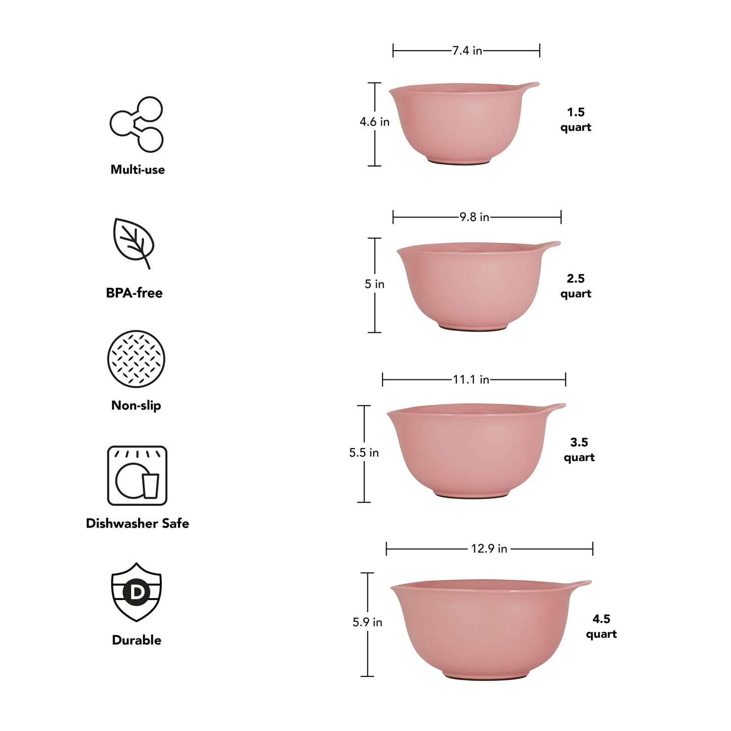 KitchenAid Universal Nesting Plastic Mixing Bowls, Set of 4, 1.5 quart, 2.5 quart, 3.5 quart, 4.5 quart