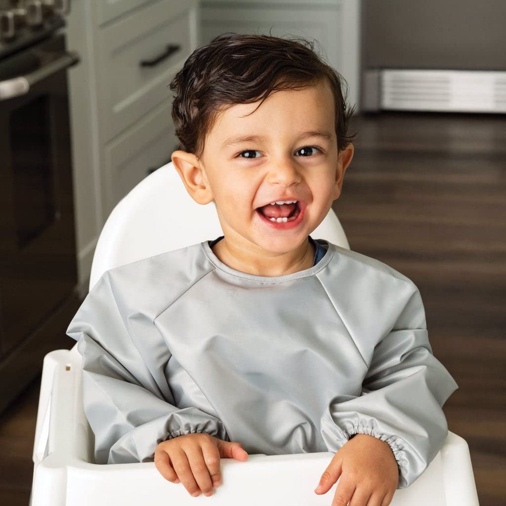 Tiny Twinkle Long Sleeve Bib for Babies & Toddlers | 2-Pack Waterproof Smock Bib for Eating | Machine Washable & Mess-Proof Feeding Essentials | Newborn Shower Gift (Grey Indigo,6–24M)