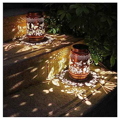 2 Pack Solar Butterfly Lanterns Outdoor Hanging Decor Lantern,Waterproof Hollow Out Retro Metal Decorative Garden Light,Graceful Decoration for Patio,Yard,Landscape,Festival