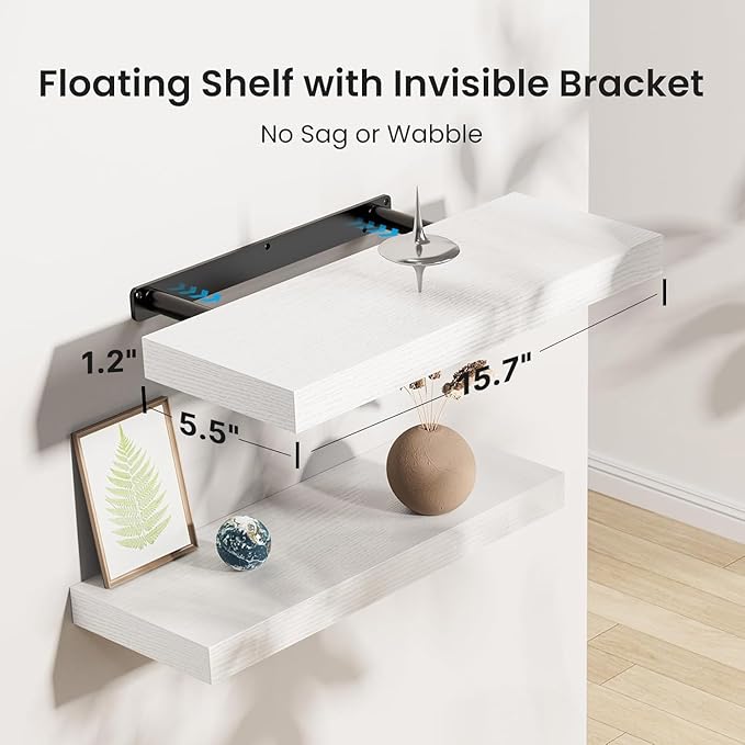 AMADA HOMEFURNISHING Floating Shelves, Wall Shelves for Bathroom/Living Room/Bedroom/Kitchen Decor, White Shelves with Invisible Brackets Set of 3 - AMFS08