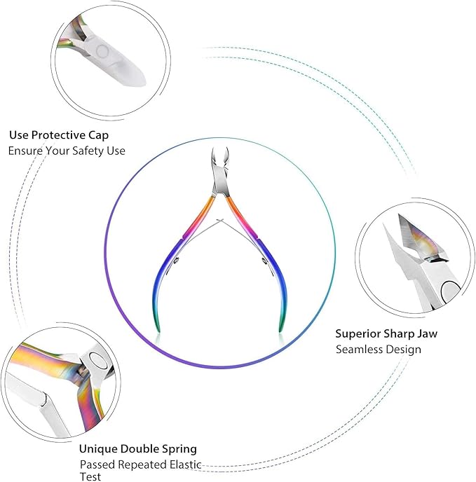 Easkep Cuticle Trimmer with Cuticle Pusher, Cuticle Remover Professional Stainless Steel Cuticle Cutter Nippers Rainbow Sharp Sturdy Pedicure Manicure Tools for Fingernails and Toenails 1