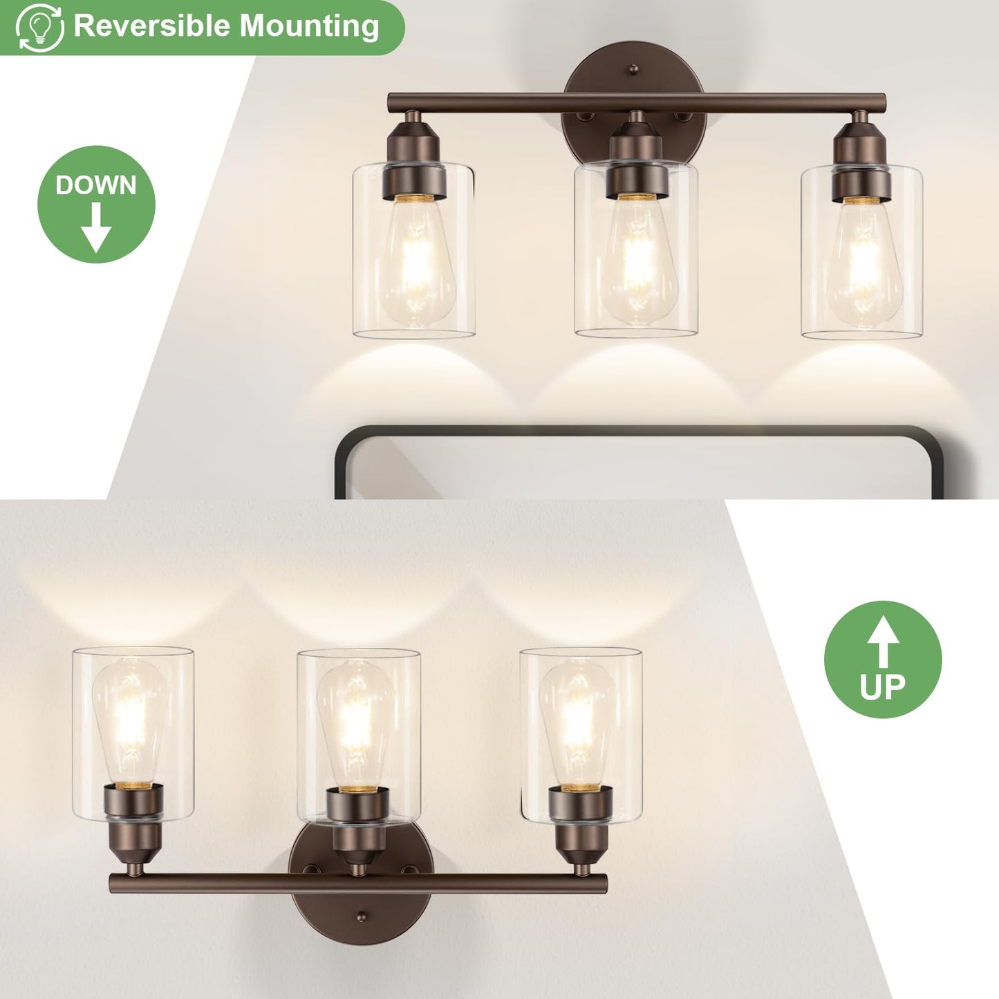 Percantis 3-Light Bathroom Vanity Light Fixture, Modern Wall Lamp for Mirror with Clear Glass Shade (D-Clear Glass & Brown)