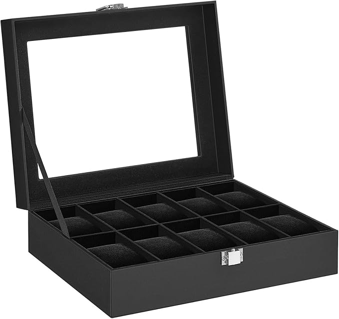SONGMICS Watch Box, 10-Slot Watch Case Organizer with Large Glass Lid, Removable Pillows, Gift for Loved Ones, Black Synthetic Leather, Black Lining UJWB010B02