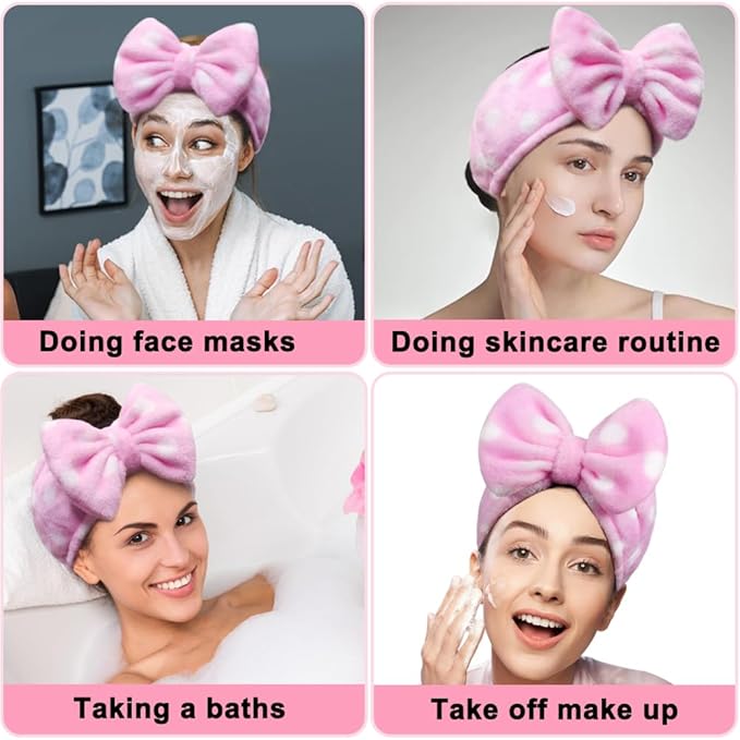 Shintop Women Fashion Lovely Soft Carol Fleece Bowknot Bow Makeup Cosmetic Shower Elastic Hair Band Hairlace Headband (Pink Polka dots)