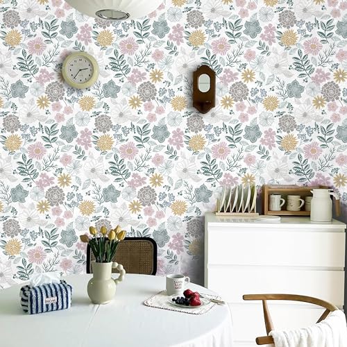 Rugreat Modern Floral Peel and Stick Wallpaper Boho Flower Leaf Contact Paper for Cabinets and Drawers Self Adhesive Removable Wallpaper for Bedroom Bathroom Waterproof Multicolor 78.8inL 17.3inW